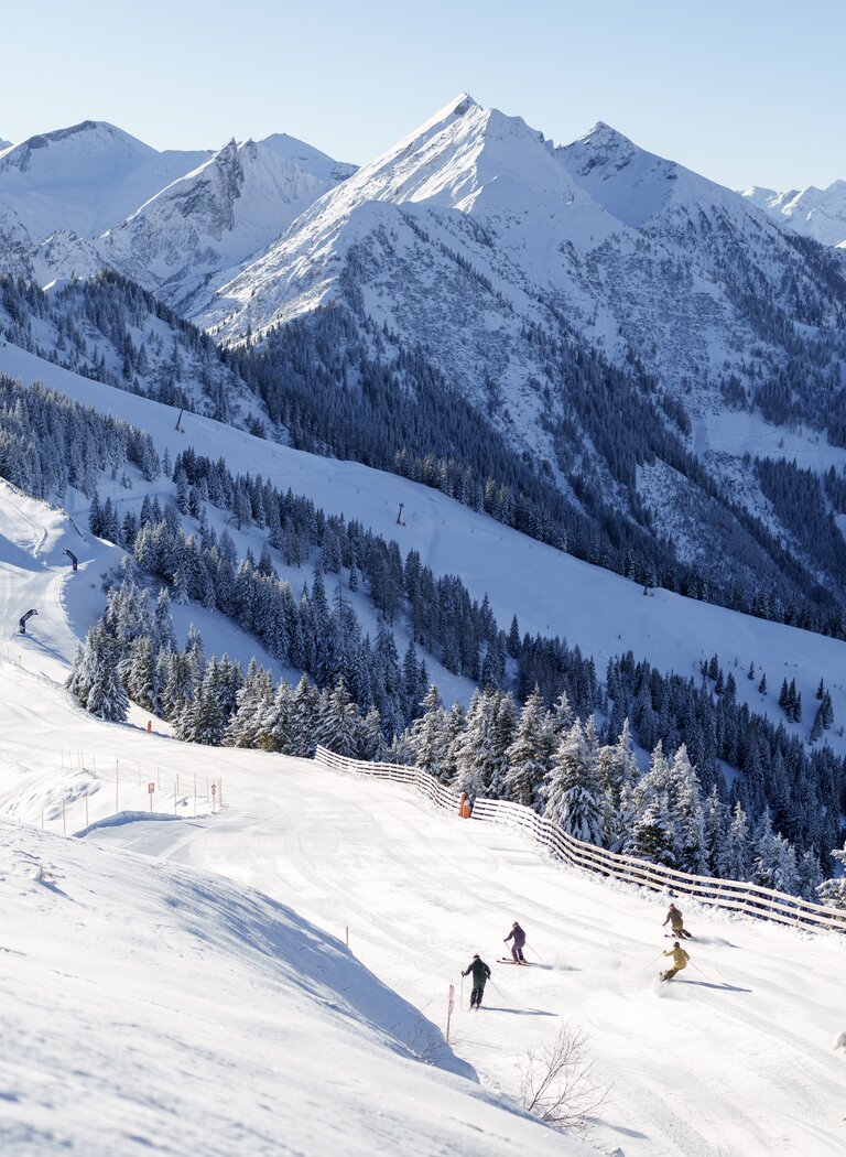 Mehrere Skifahrer fahren auf breiter Piste durch verschneite Berglandschaft mit hohen Gipfeln. | © Dorfgasteiner Bergbahnen AG