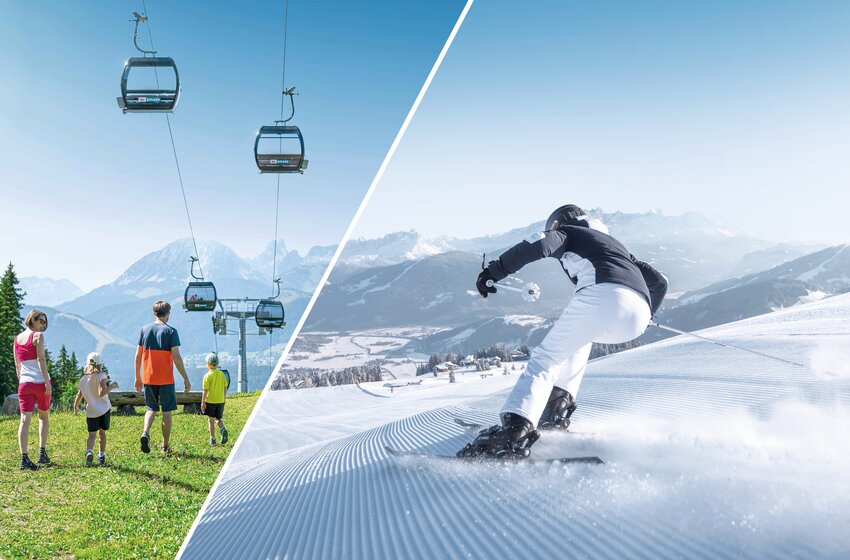 Splitbild mit wandernder Familie im Sommer und Skifahrer auf frisch präparierter Winterpiste. | © Ski amadé GmbH