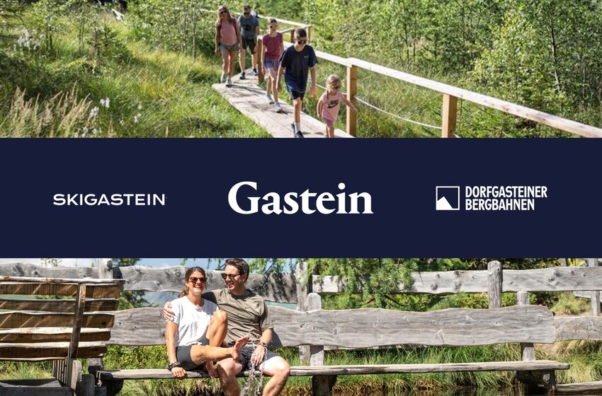 Family walks on wooden path through meadow and trees; below a couple sits by pond cooling their feet in the water | © Gasteiner Bergbahnen AG